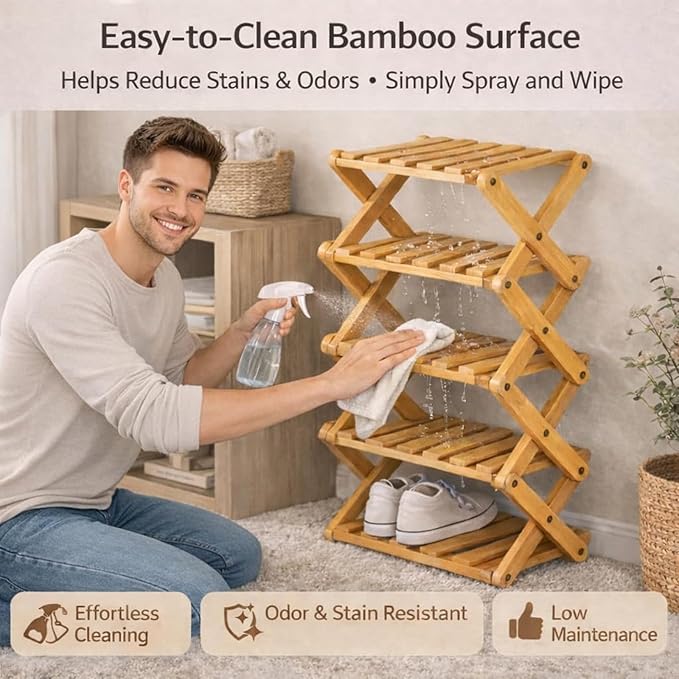 The 9-Tier No-Assembly Bamboo Rack, Folding Bamboo Shoe Rack Organizer with Collapsible Vertical Design, Space-Saving & No-Tool Assembly, for Entryways,Corners,Bedrooms,Balconies (Yellow,6)