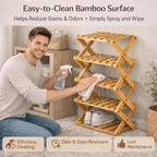 Foldable Shoe Rack, 2-9 Tier No-Tool Assembly Bamboo Organizer with Anti-Wobble X-Design for Small Spaces, Sturdy Vertical Storage Shelf for Entryway, Closet, Apartment & Dorm (Brown,6 Layers)