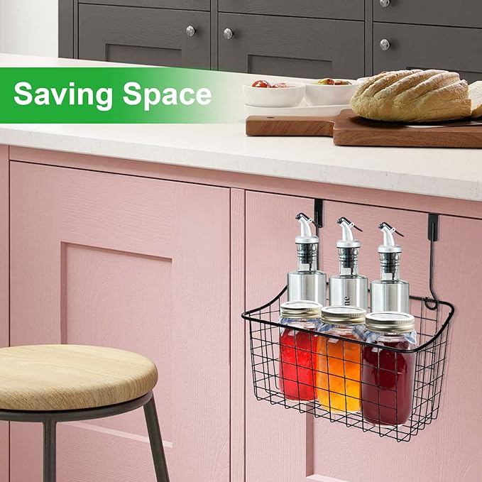 4PCS Over the Cabinet Basket, Over Cabinet Door Organizer, Grid Storage Baskets with Hooks, Metal Hanging Basket Kitchen Storage Organizer Holder for Pantry, Bathroom, Black, 11x9.2x4.3’’