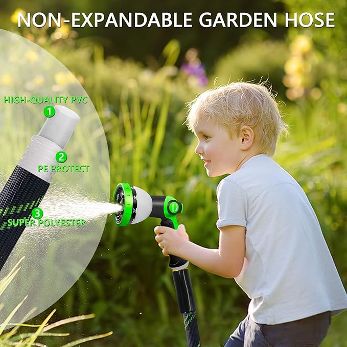 Garden Hose 50 FT, NON-EXPANDABLE Heavy-Duty Flexible & Lightweight Water Hose with 10-Function Nozzle, No-Kink, Leak-Proof Super Fabric, Solid Fittings for Lawn, Car, Outdoor (Black Green)
