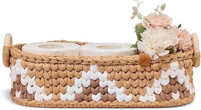 Handwoven Toilet Paper Storage Basket with Wooden Base & Handles - Boho Modern Bathroom Organizer, Small Shelf Basket for Living Room, Bedroom, Nursery (Brown)