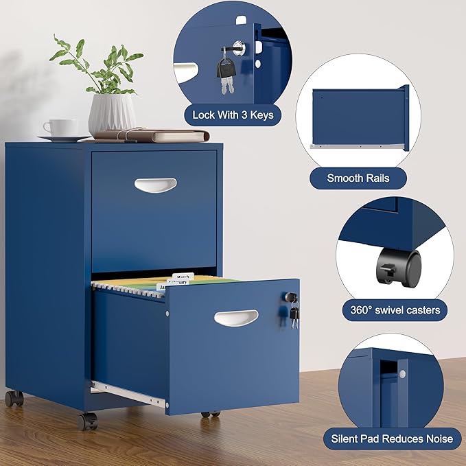 2 Drawer File Cabinet with Lock,Blue Rolling File Cabinet for Home Office,Printer Stand, Metal Small Mobile Filing Cabinets on Wheels for Hanging Letter