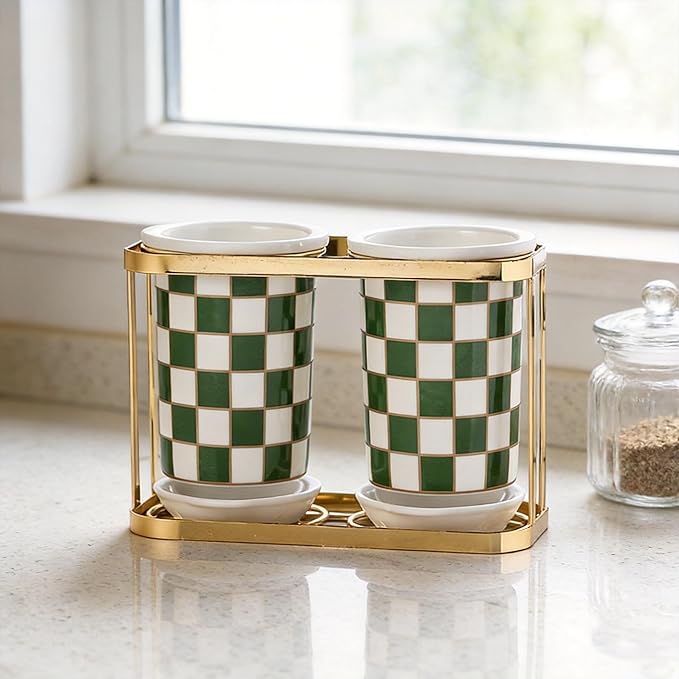 Ceramic Checkered Utensil Crocks with Gold Metal Rack, Black & White Grid Kitchen Utensil Storage, Farmhouse Kitchen Decor, Flatware Organizer & Home Accessory (Green)