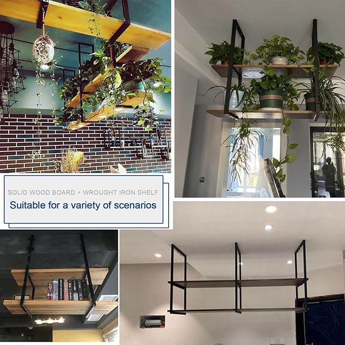 Hanging Ceiling Shelf Nordic Iron Solid Wood Ceiling Shelves, 2 Tier Ceiling Mounted Storage Rack, Hanging Decorative Flower Stand, for Kitchen/Bar/Restaurant, Black (Size : 140x30