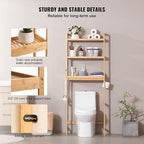 VEVOR Over The Toilet Storage, 3-Tier Adjustable Over Toilet Bathroom Organizer, Bamboo Storage Shelf Rack with 3 Hooks, Freestanding Easy Assembly Laundry Space Saver, Fit Most Toilets, Gray
