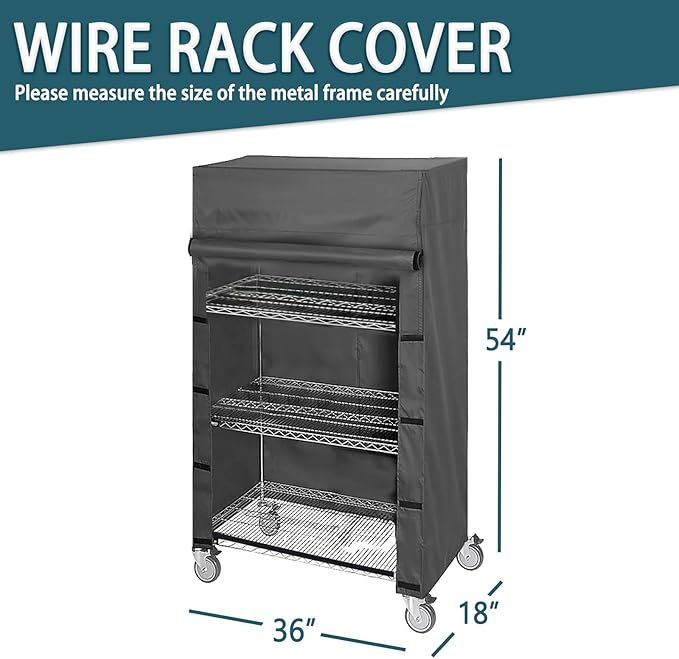 Waterproof Dustproof Shelf Cover for Wire Shelving and Storage Rack, 36" W x 18" D x 54" H, Heavy-Duty Dust Cover with Nylon Buckle and Hook & Loop Closure (Black, No Shelves)