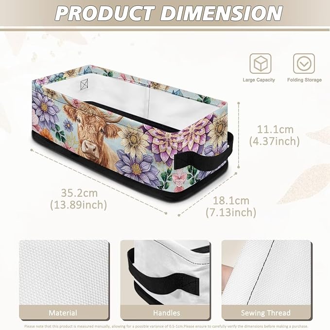 Narrow Storage Basket Small Toilet Paper Storage Bins Collapsible Canvas-like Fabric Organizer for Bathroom Kitchen Living Room Accessories and Decor, Boho Flower Highland Cow