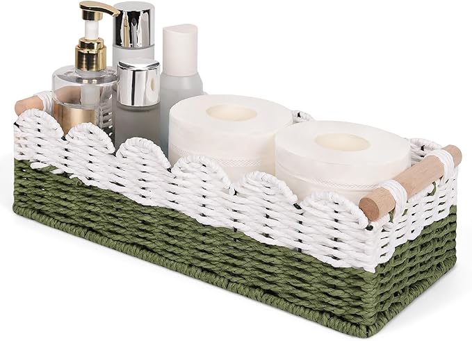 Scalloped Edge Toilet Paper Storage Basket for Bathroom Decor,Handwoven Small Paper Rope Tank Basket for Over Toilet Storage Shelf, End Table,Shelves and More, with 2 Wooden Handle