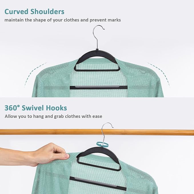 Heavy Duty Plastic Clothes Hangers, Space Saving Hangers 30 Pack, Non-Slip, 0.2 Inches Slim, 360° Swivel Silver Hook for Shirts, Pants & Wet/Dry Garments, Black and Dark Gray