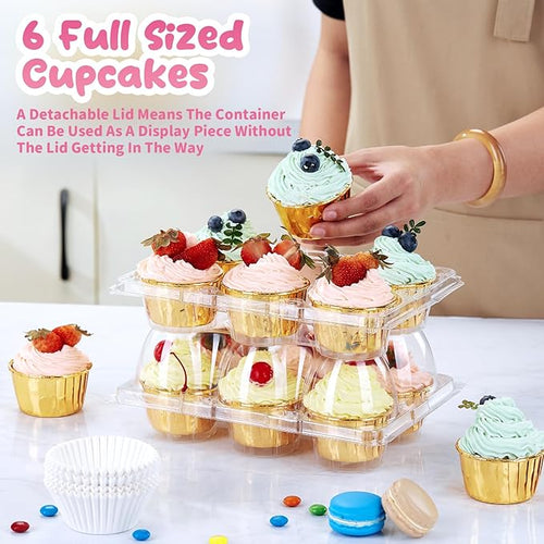 (6 Count x 40 Sets) Stackable Cupcake Containers with 240 Pack Liners, Plastic Cupcakes Boxes Holders for 6 cakes, High Tall Dome Lid Cupcakes Carrier, Clear Cupcake Trays/Containers/Holders