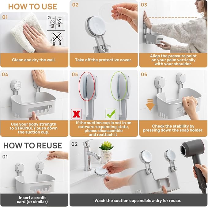 LEVERLOC Shower Caddy Suction Cup, Shower Organizer Removable Bathroom Shelf, Storage for Inside Shower Powerful Suction Max Hold 22lbs Waterproof Holder, Gray
