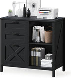3 Drawer File Cabinet, Farmhouse Lateral Filing Cabinet Fits Files Letter or A4 Size, Wooden Printer Stand with Open Storage Adjustable Shelf for Home Office, Rustic Black