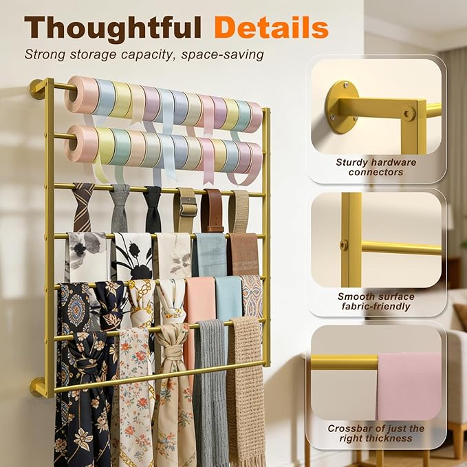 Wall Mounted Scarf Rack, Gold Silk Scarves Hijab Hanger Organizer Metal Racks Wrapping Tissue Paper Ribbon Holder Towels Storage Display for Flower Shop Retail Store (Gold, 7T-23.6×35.4IN)
