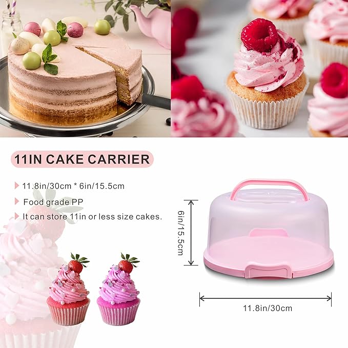10in Plastic Cake Carrier with Handle, Round Cake Holder with Lid Pink Cake Container for 6in/8in/10in Cake(pink)