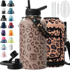 Insulated Water Bottle | Thickened Stainless Steel Vacuum Metal | Portable Sports Half Gallon Large Water Jug for Gym and Hiking with Straw, Carrier Bag, Handle Strap | BPA-Free 64 oz