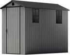 Patiowell 4 x 8 FT Plastic Outdoor Storage Shed with Floor, Garden Tool Shed with Two Windows and Single Lockable Door for Garden, Backyard, Lawn, Easy to Install, Dark Grey