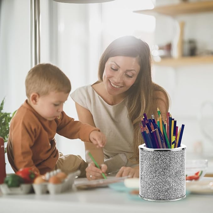 Glass Utensil Holder, Crystal Silver Utensil Makeup Brush Organizer Bling Flatware Storage Crocks for Countertop Crushed Diamond Home Decor Spoon Knife Fork Holder for Kitchen Counter