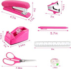 Hot Pink Desk Accessories, Hot Pink Office Supplies Accessories with Tape Dispenser, Stapler, Staple Remover, 1000 Staples, Tape, Clips Set, Ruler, Scissor, Pen