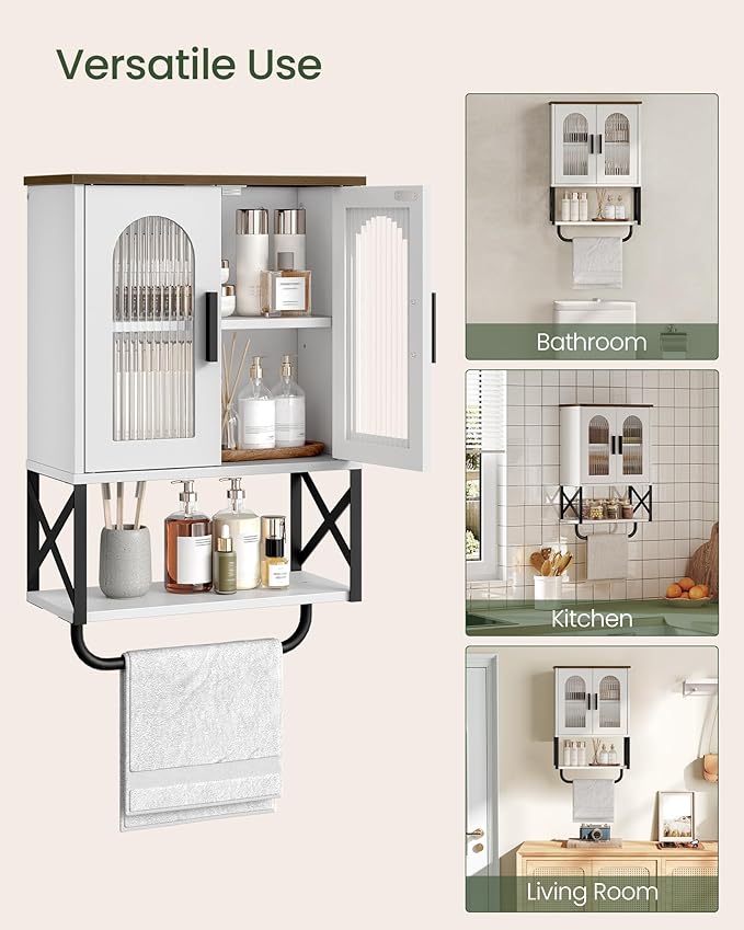 Bathroom Wall Cabinet, Medicine Cabinet with Adjustable Shelf and Towel Bar, Storage Cabinet Wall Mount with 2 Glass Doors, for Bathroom, Kitchen, Living Room, Dining Room, White and Walnut
