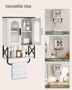Bathroom Wall Cabinet, Medicine Cabinet with Adjustable Shelf and Towel Bar, Storage Cabinet Wall Mount with 2 Glass Doors, for Bathroom, Kitchen, Living Room, Dining Room, White and Walnut