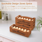 YOUEON Wooden Egg Holder for Countertop, Stackable 2-Tier Egg Crates for 24 Eggs with Handle, Farmhouse Rustic Pinewood Egg Storage Box with “Farm Fresh Eggs” Print, No Assembly Needed