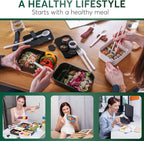 Umami Bento Box Adult All-In-1 w/4 Utensils, 2 Sauce Jars, 2 Dividers, 100% Leakproof, Microwave & Dishwasher Safe, Stackable Lunch Containers for Men/Women, Matte Black & Marble, 68 oz