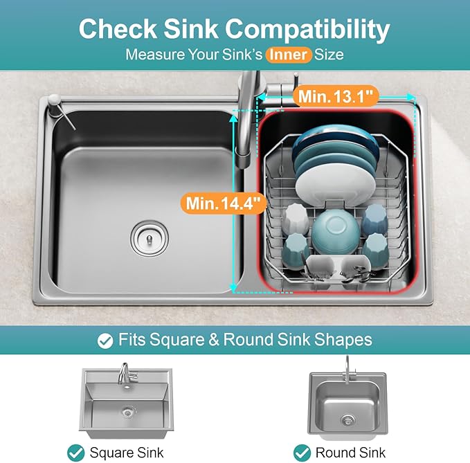 GSlife Small in Sink Dish Drying Rack - Stainless Steel Compact Dish Drainer for RV Kitchen Apartment Sink, Rust Resistant Inside Sink Rack, 1–2 Person Households, 13.1" W x 14.4" L, Silver