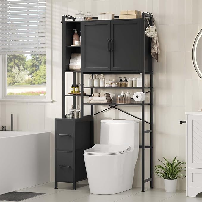 7-Tier Over the Toilet Storage Cabinet with 2 Large Drawers & 6 Hooks, Over the Toilet Storage with Toilet Paper Holder, Bathroom Over Toilet Storage for Bathroom, Laundry Room, Black