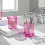 2 Pack Qtip Holder - Apothecary Jars with Lids, Bathroom Organizers and Storage Canister for Cotton Balls,Swabs,Floss Picks,Hair Ties,Clear Glass Vintage Bathroom Decor Jar Set (Pink2)