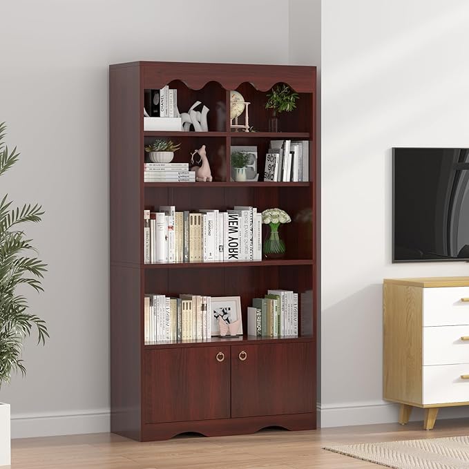 CABIHOME 63" Tall Bookshelf with Cabinet, 5-Tier Wood Bookcase with Wave Top, 6 Cubes & 2 Door Cabinets, Modern Display Storage Shelves with Gold Handles for Living Room, Bedroom & Home Office, Walnut