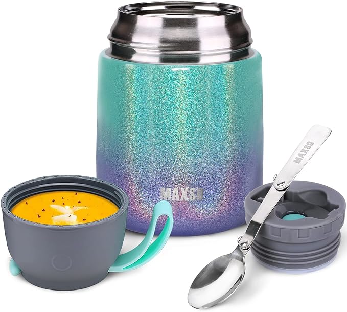 MAXSO Soup Thermo for Hot & Cold Food for Adults Kids, 17 oz Vacuum Insulated Steel Lunch Container Bento Box with Spoon, Leakproof Thermal Food Jar for School Office Travel - Rainbow