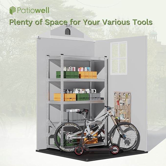 Patiowell 4' x 4' Outdoor Storage Shed with Floor, Plastic Shed Outside Resin Tool Shed with Window and Lockable Door for Backyard Garden Patio Lawn, Light Gray