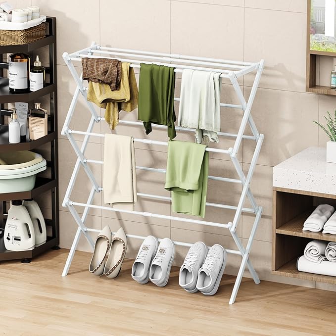 Foldable Drying Rack Clothing, 3-Tier Portable Clothes Drying Racks for Indoor & Outdoor, Anti-rust Compact Laundry Rack Collapsible, Compact Size, 15 lbs Max Load, White 28"D x 10"W x 35"H