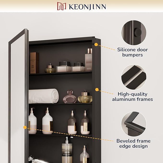 Keonjinn Medicine Cabinet Mirror 30" x 26", Assembly Needed, Black Bathroom Mirror with Storage, Beveled Aluminum Frame, Stepless Adjustable Shelves, Surface Mount or in Wall