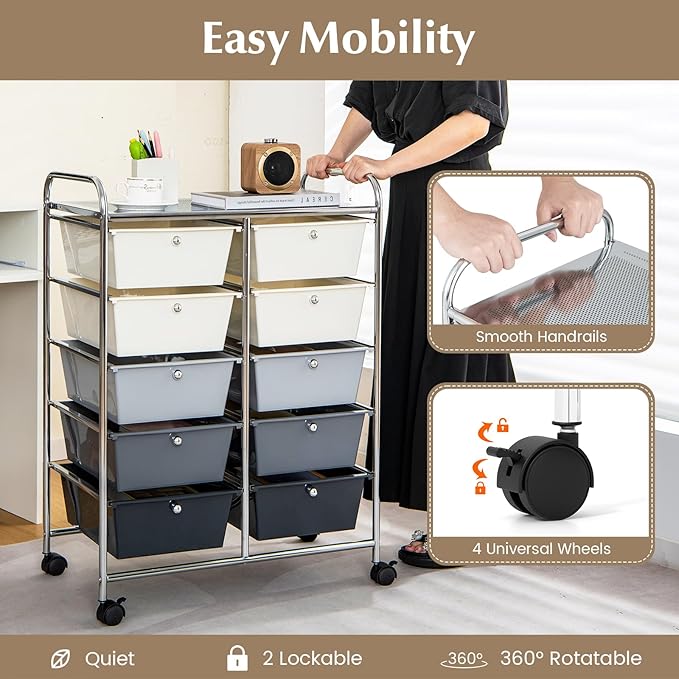 RELAX4LIFE Rolling Storage Cart with 10 Drawers - Craft Storage Cart with Lockable Wheels,Utility Cart, Art Cart Organizer for Crafting Storage, Studio, Office, Home, School Rolling Drawer Cart