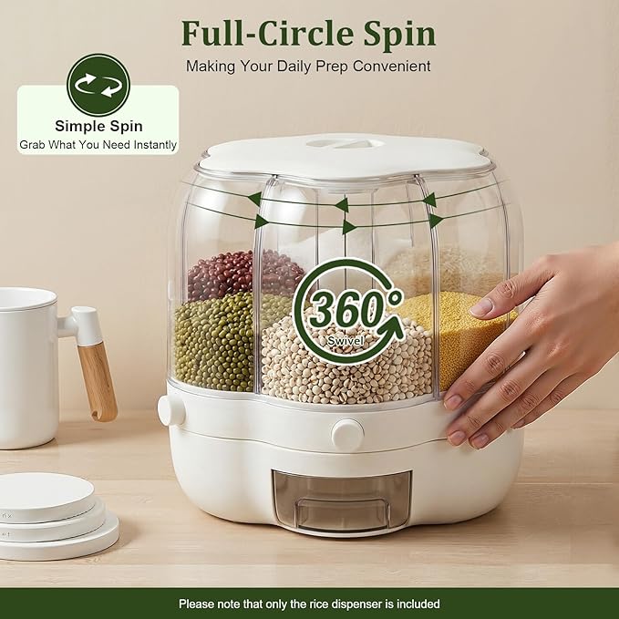 Rice Dispenser, 6 Grid 360° Rotating Rice Container Cereal Dispenser with Lid, Grain Storage Organizer Cereal Holder for Kitchen Countertop Dry Food, White, 8kg/18lbs