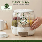 Rice Dispenser, 6 Grid 360° Rotating Rice Container Cereal Dispenser with Lid, Grain Storage Organizer Cereal Holder for Kitchen Countertop Dry Food, White, 8kg/18lbs