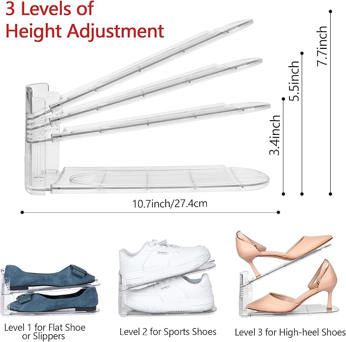 Yes!Fresh Shoe Slots Organizer, Adjustable Shoe Rack Stacker Storage Space Saver, Three Deck Shoe Rack Holder for Closet Organization (Clear, 2 Pack)