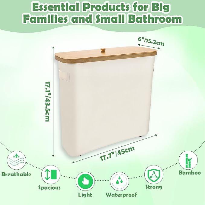 24L Toilet Paper Storage with Bamboo Lid and Anti Slip Foot Nail for 12-Roll Standard Toilet Paper Container Oxford Storage Holder with Handle Beige