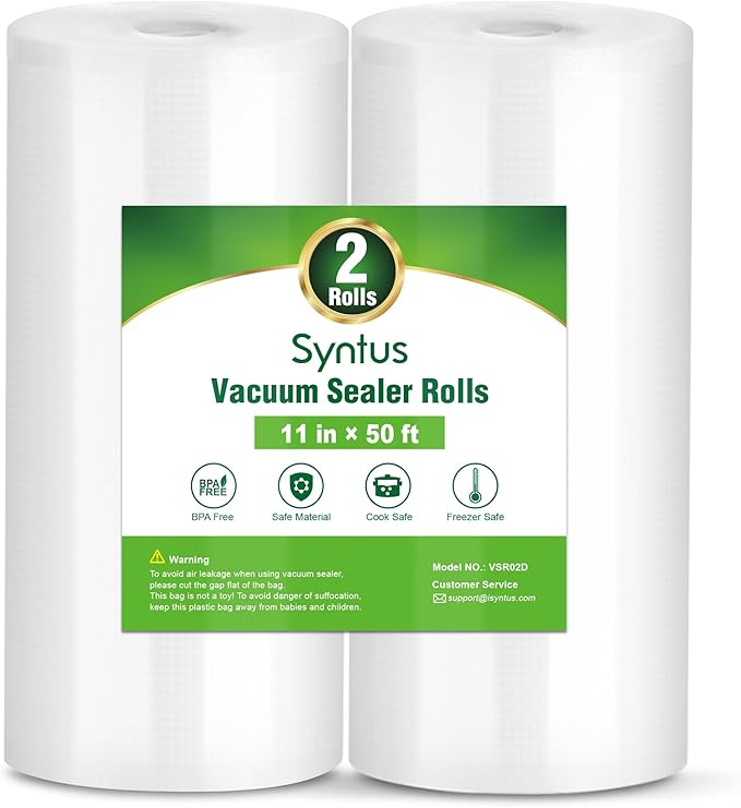 Syntus Vacuum Sealer Bags for Food, 2 Rolls 11" x 50' Commercial Grade Bag Rolls, BPA Free Food Vac Bags for Storage, Meal Prep or Sous Vide