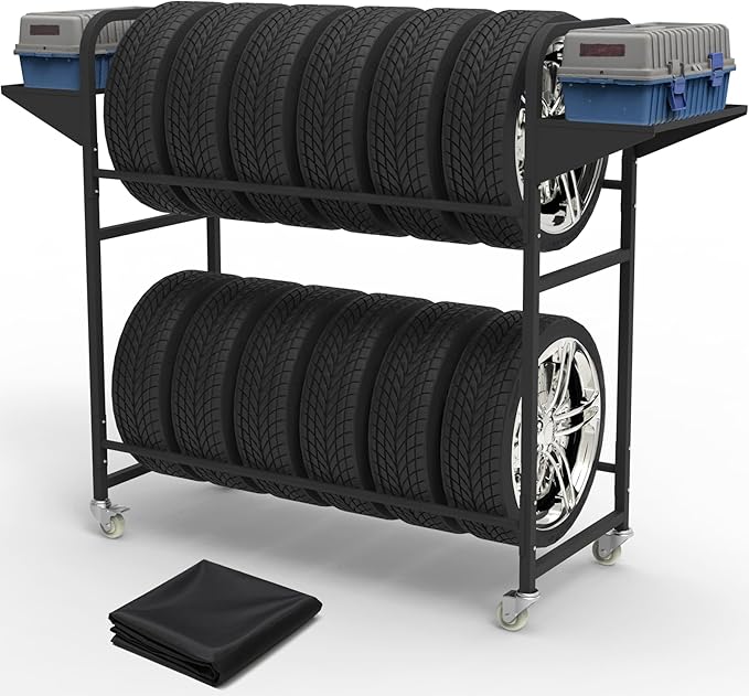Tire Storage Rack 44" x 44" x 18" w/Anti-dust Cover, Rolling Tire Rack Adjustable, Tire Rack for Garage Black w/4 Swivel Casters & 2 Storage Shelf for Garage Storage