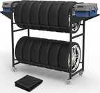 Tire Storage Rack 44" x 44" x 18" w/Anti-dust Cover, Rolling Tire Rack Adjustable, Tire Rack for Garage Black w/4 Swivel Casters & 2 Storage Shelf for Garage Storage