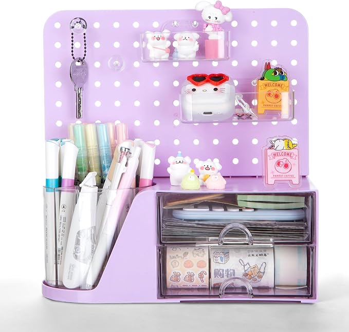 Comix Desk Organizer with 2 Drawer, Multifunctional Pen Holder for Desk, Desktop Organizer with Pegboard + Drawer + 5 Slots Pencil Holder for Office Home Art Supplies (Purple)