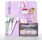 Comix Desk Organizer with 2 Drawer, Multifunctional Pen Holder for Desk, Desktop Organizer with Pegboard + Drawer + 5 Slots Pencil Holder for Office Home Art Supplies (Purple)