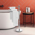 MyGift 38 Inch Silver Metal Freestanding Towel Rack for Bathroom, Bath Towel Stand with 3 Swivel Arms and Sturdy Round Base, Standing Towel Rack, Hand Towel Holder