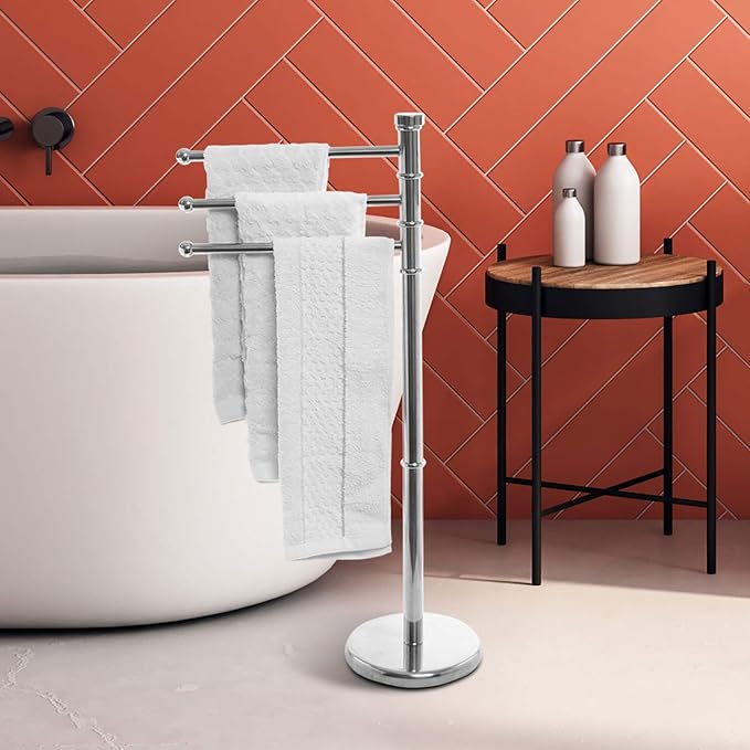 MyGift 38 Inch Silver Metal Freestanding Towel Rack for Bathroom, Bath Towel Stand with 3 Swivel Arms and Sturdy Round Base, Standing Towel Rack, Hand Towel Holder