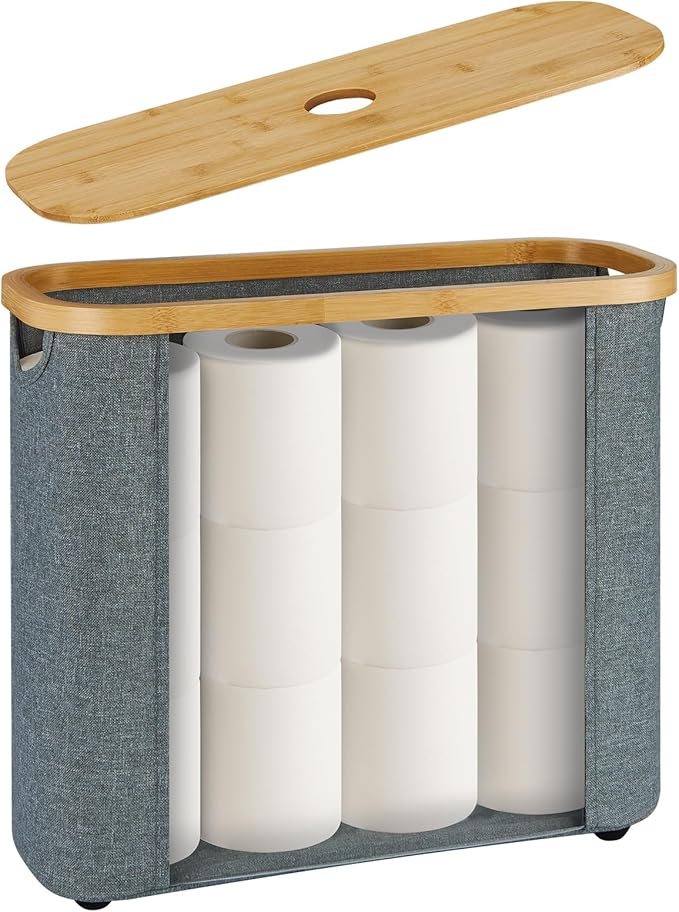 ELONG HOME Sleek Toilet Paper Storage, 30L Grey Fabric Toilet Paper Storage with Bamboo Lid, Durable Lining Storage Basket for TP, Towels, or Bathroom Essentials