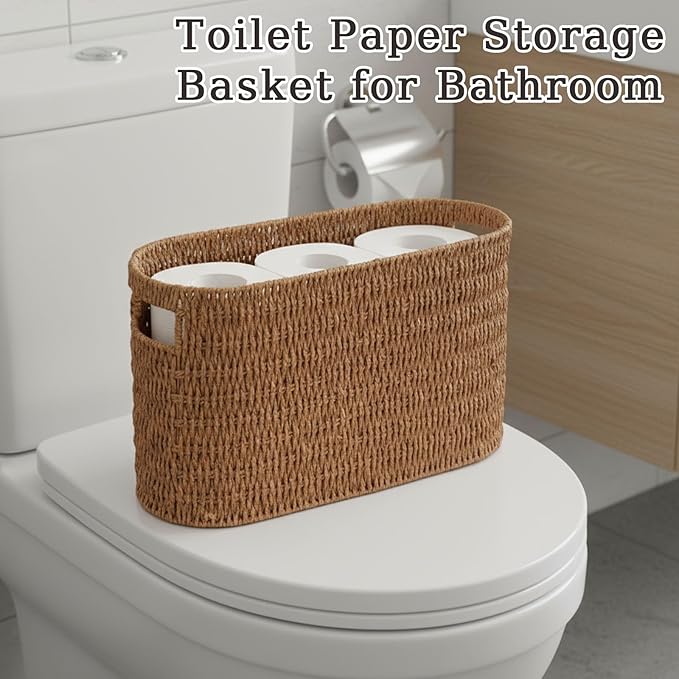 Toilet Paper Storage Holder with Built-in Handles,Toilet Paper Basket for up to 6 Rolls, Wicker Storage Baskets for Organizing,Tank Topper Counter for Bathroom Shelf Bedroom Living Room