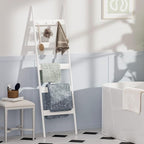 Blanket Ladder, 5-Tier Towel Holder with 4 Removable Hooks, Farmhouse Wall Leaning Decorative Rack Shelf, Wooden Towel Display Rack, Quilt Ladder for Living Room, Bedroom, White
