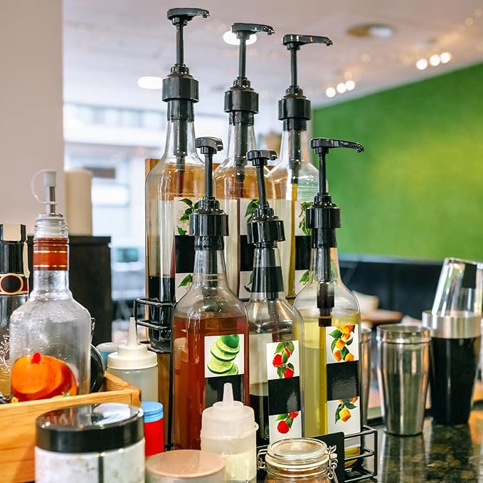 Maxdot 12 Pcs 25 oz Syrup Bottles with Pump Long Neck Bottles Plastic Syrup Pump Dispenser for Coffee Bar Accessories Home Party (Black)